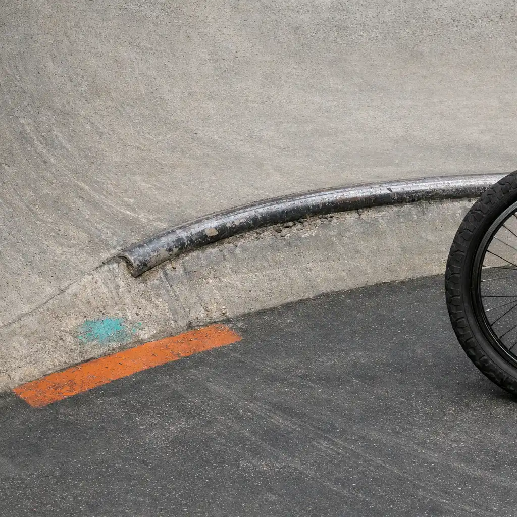 Betonrámpa íve és érkezési felülete BMX-kerékkel a kép jobb szélén