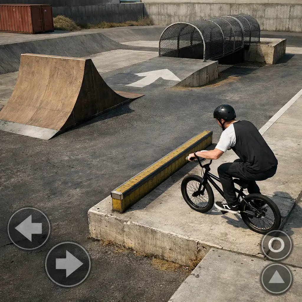 BMX-es és pályaelem egy játékbeli pályaszakasz részletén