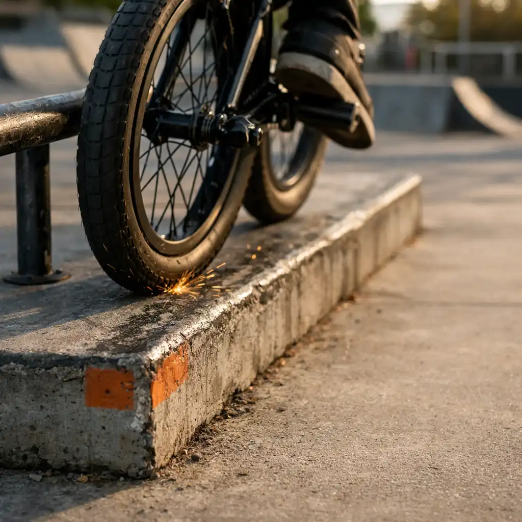BMX-kerék és alacsony betonakadály részlete utcai pályakörnyezetben