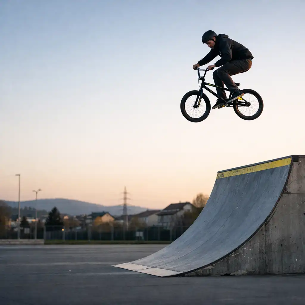 BMX-es egy városi rámpa fölötti ugrás csúcspontján