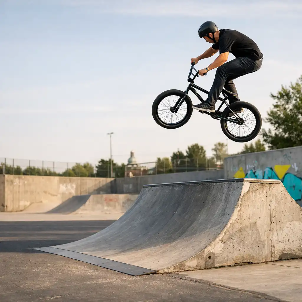 BMX-es ugrik egy beton skatepark rámpája fölött