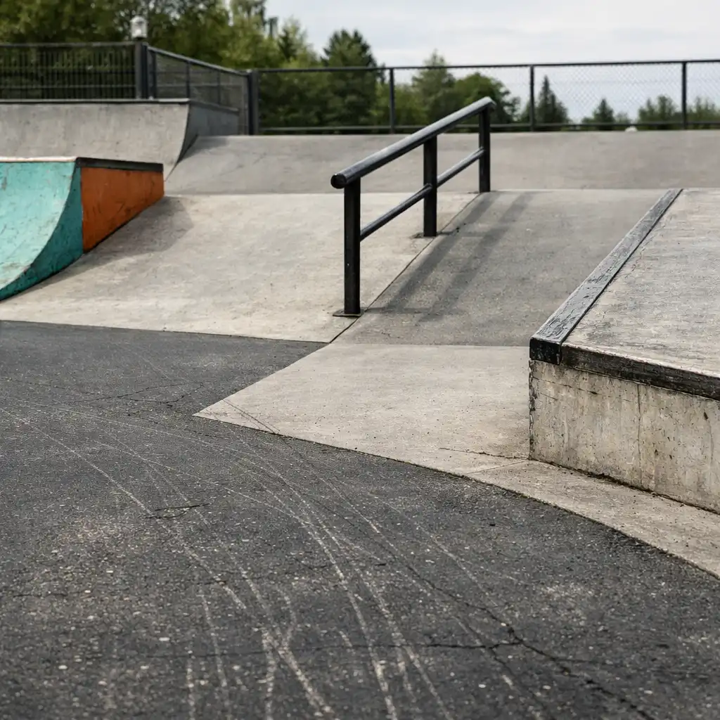 Betonrámpák, korlát és aszfalt vonalai egy városi BMX-terepen