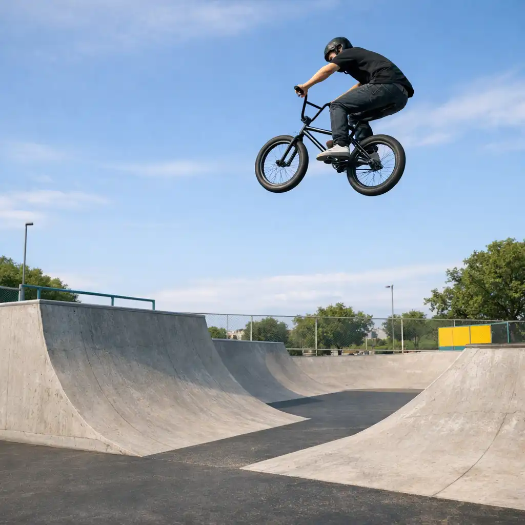 BMX-es a levegőben egy beton skatepark ugrása fölött