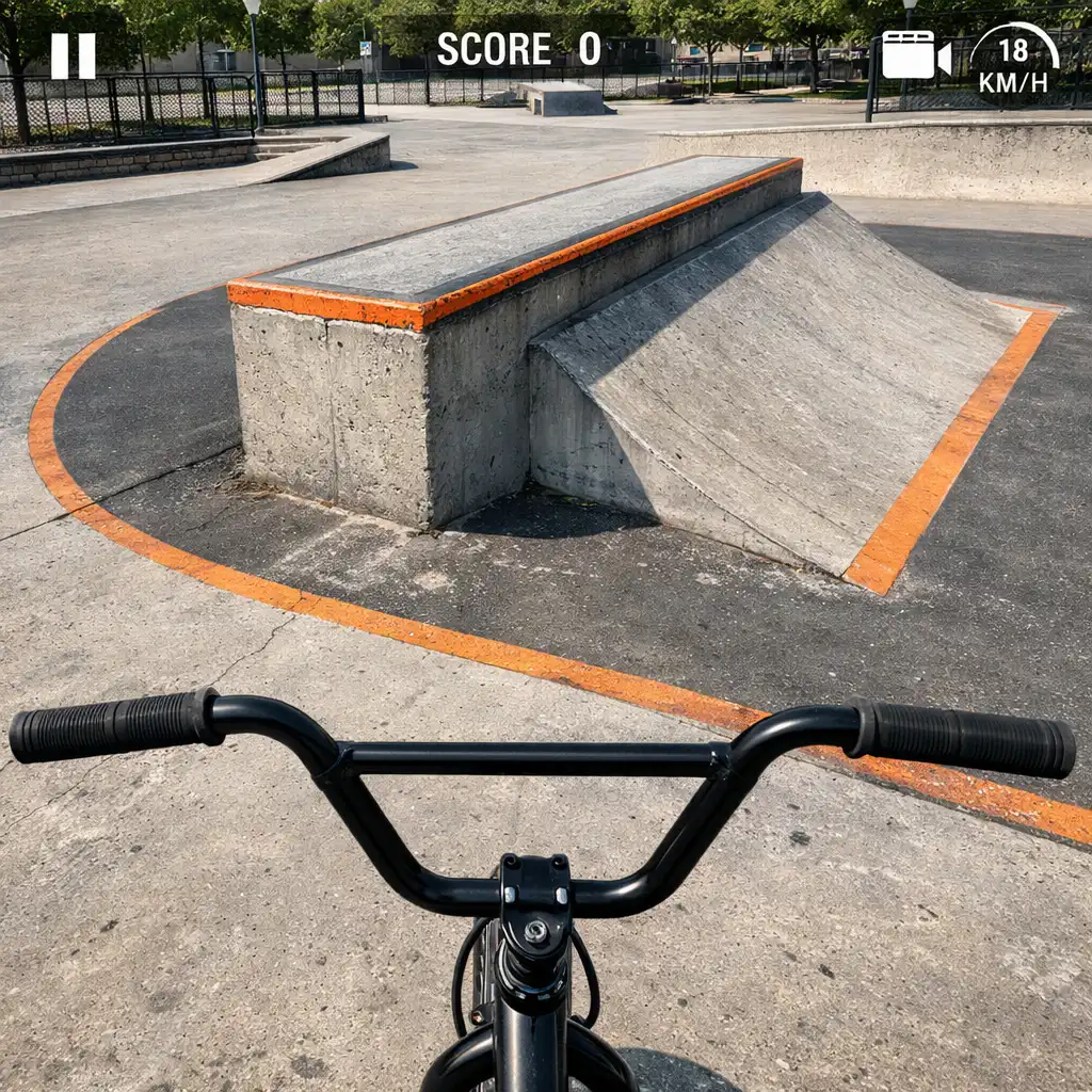 BMX-es közelít egy beton skatepark akadályához