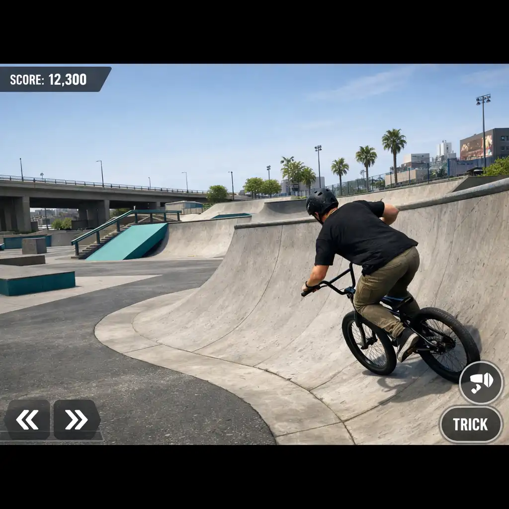 BMX-es egy beton skatepark ívelt rámpáján, jól látható pályavonalakkal