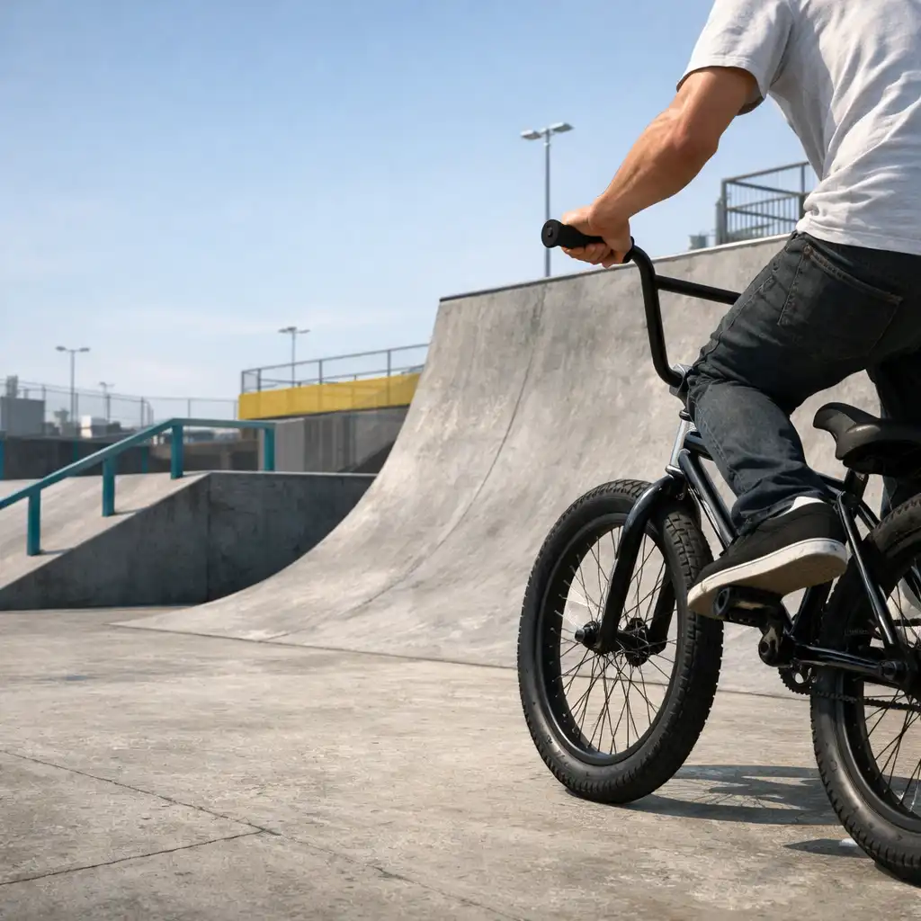 BMX-es közelít egy betonrámpához városi skateparkban