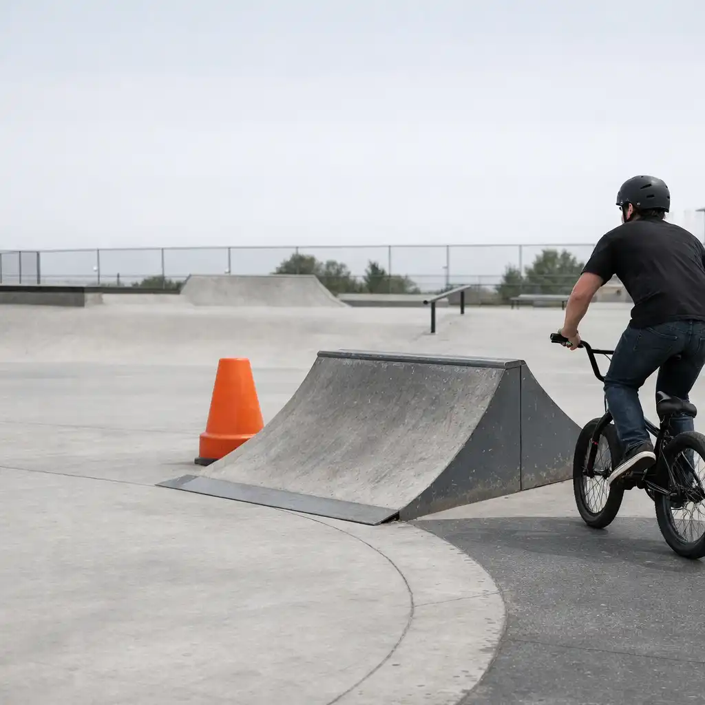 BMX-es halad egy beton átmeneten egy kisebb rámpa felé