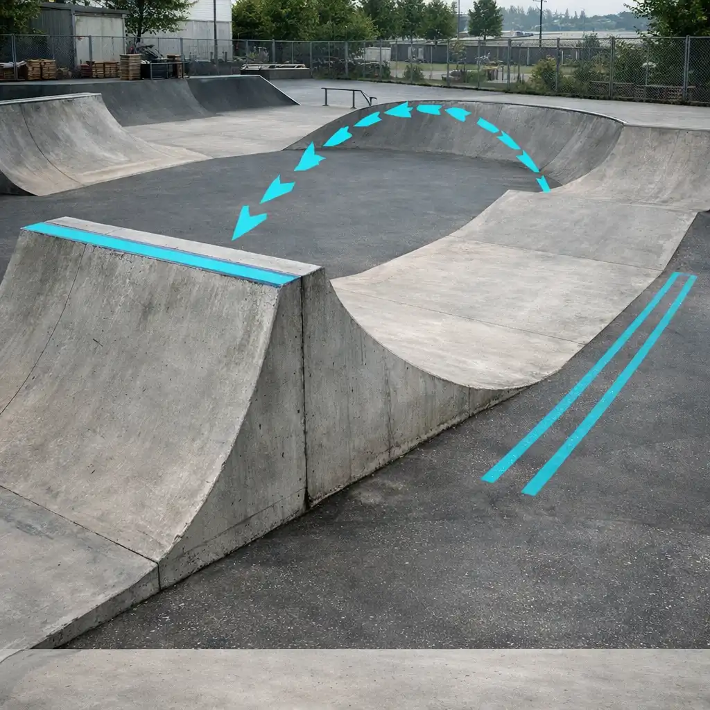 Betonrámpa belépője, pereme és kifutója BMX-es pályakörnyezetben