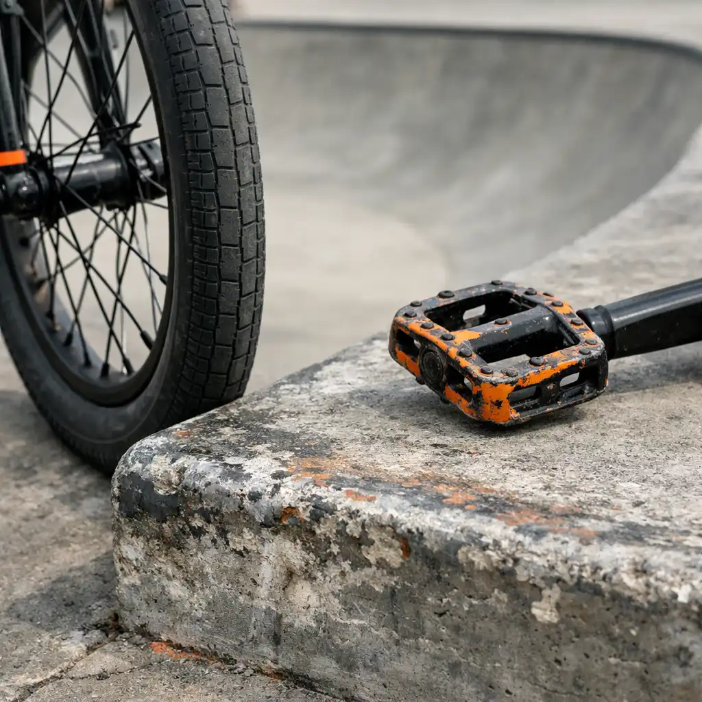BMX első kerék és pedál egy kopott betonperem közelében.