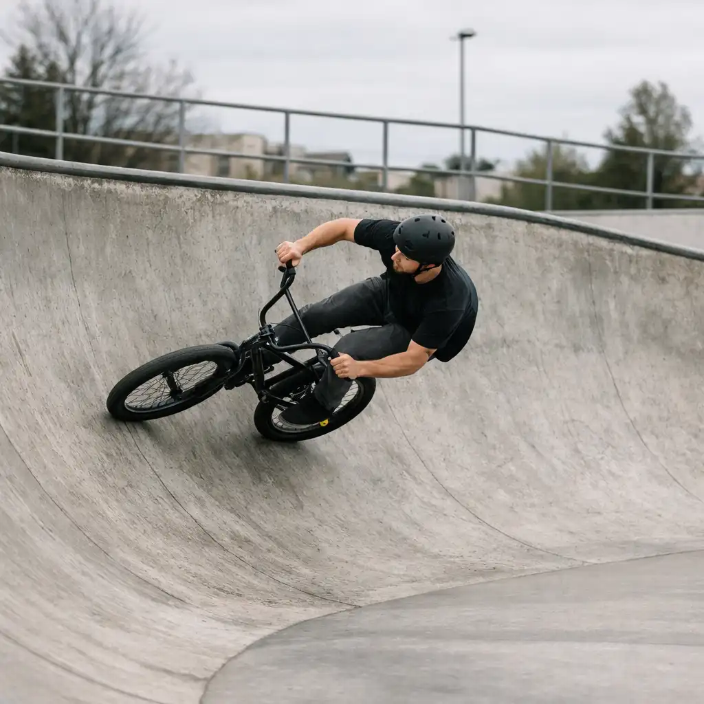 BMX-es halad egy városi betonmedence ívelt falán.