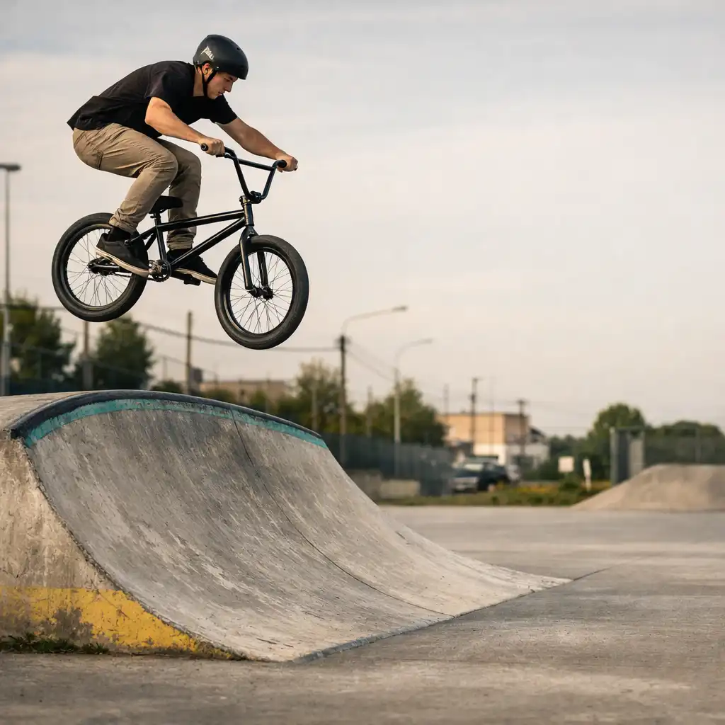 BMX-es ugrik egy alacsony ívelt rámpa fölött egy beton skateparkban.