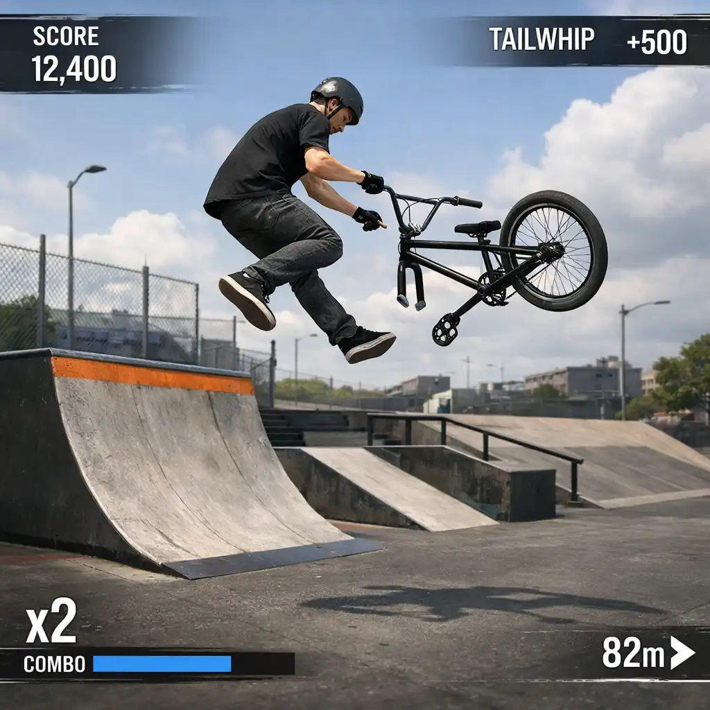 BMX-es dinamikus mozgás közben egy játékbeli rámpa közelében