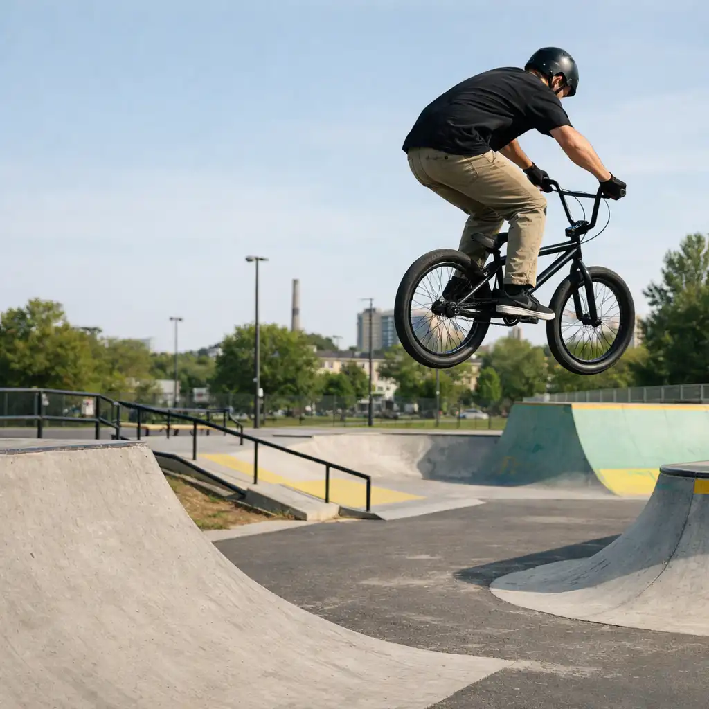 BMX-es kerékpáros ugrásíve beton skateparkban