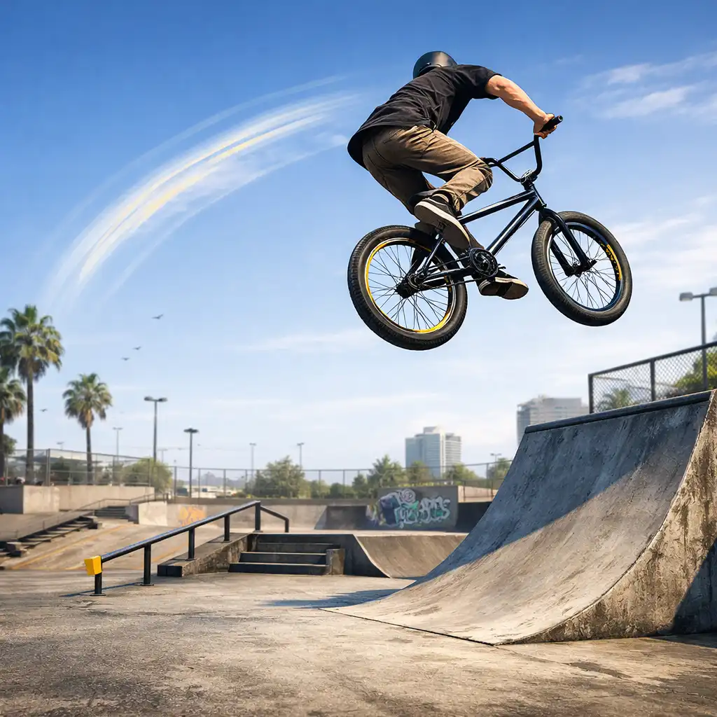BMX-es ugrás egy városi jellegű játékbeli pályarészleten
