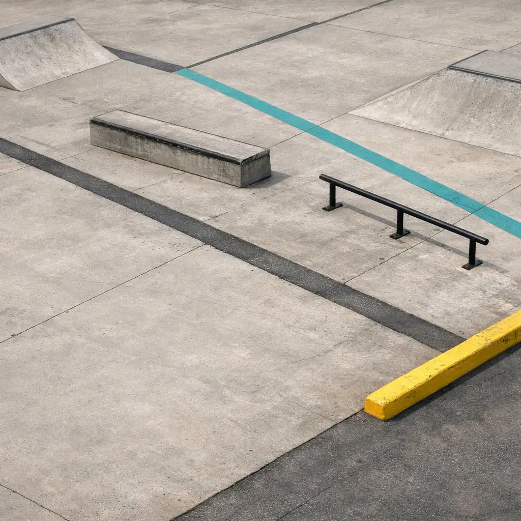 Városi BMX gyakorlótér felülnézeti nézete több betonfelülettel és útvonalvonallal
